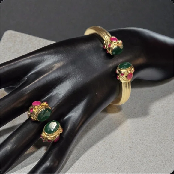 18k Gold Plated Chunky Green Onyx Pink Chalcedony Byzantine Ring - Picture 6 of 7